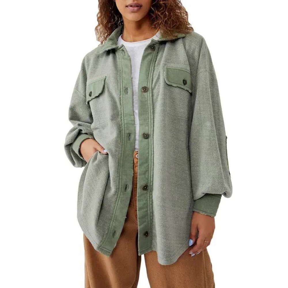 Free People Ruby Jacket Sage Green Fleece Button‎ Front Shacket XS